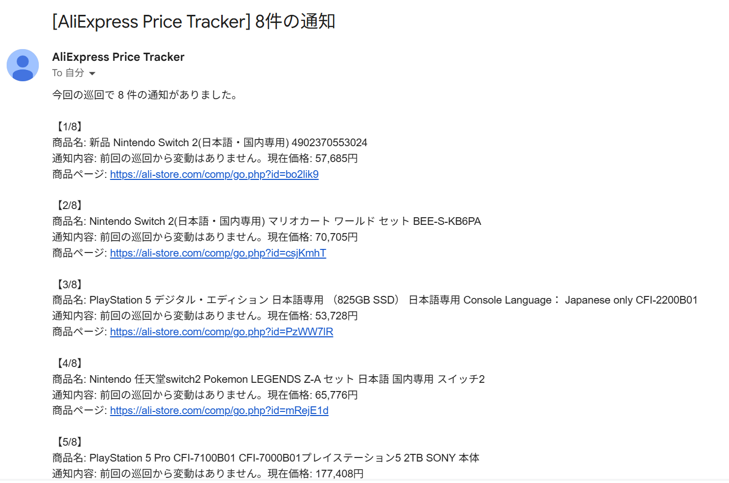 価格変動通知メールの例
